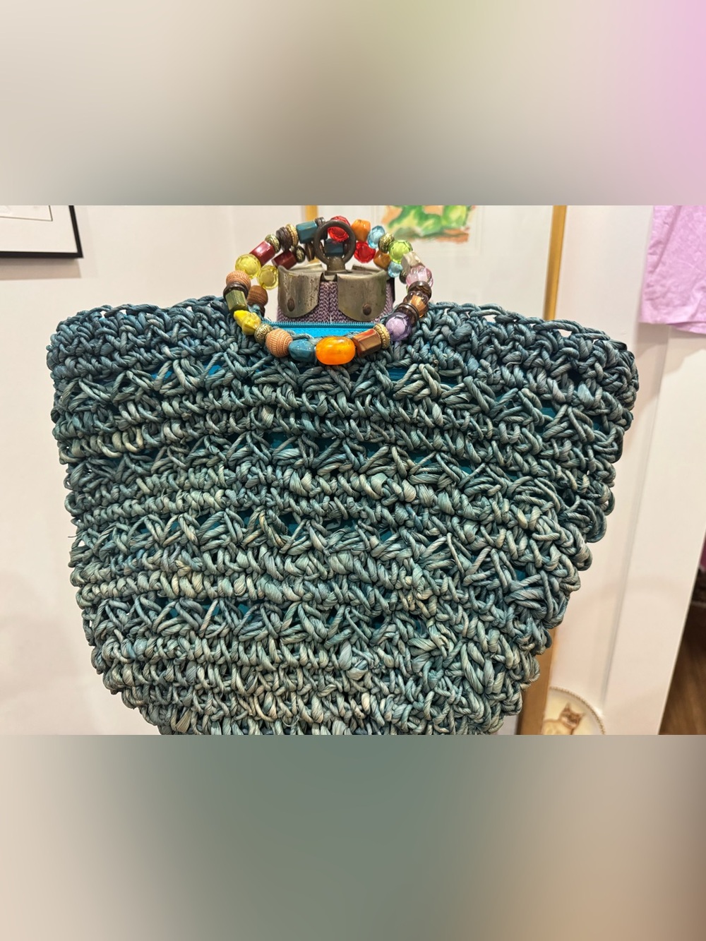 Handmade Teal Crochet Tote with Colorful Beaded Handle